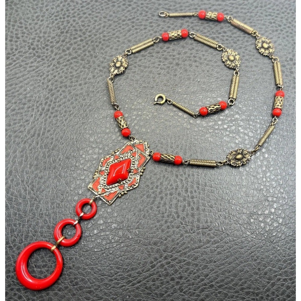 Vintage Czech Art Deco Red Ornate Filigree Y Drop Disc Pendant Necklace 18"